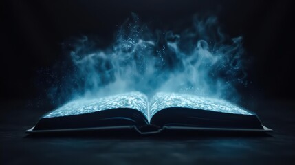 A supernatural scene unveils a book whose cover glows with ethereal patterns