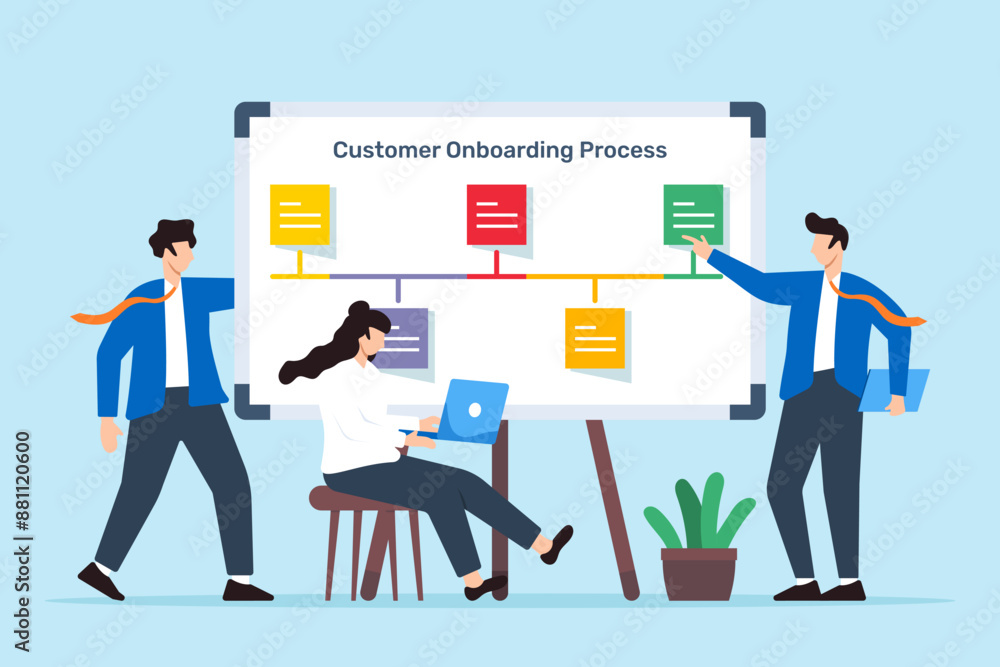 Poster vector illustration of colleagues planning customer onboarding process with sticky notes on whiteboa