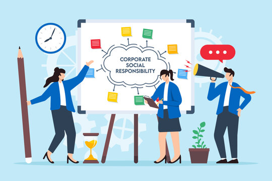 Vector illustration of business people coordinating corporate social responsibility plan with sticky notes on whiteboard csr initiatives