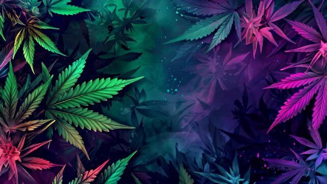 Marijuana leaves neon vibrating deep dynamic background