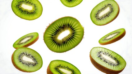 Fototapeta premium Kiwi fruits fly isolated on white background. Fresh Green Kiwi Slices Falling and Floating in Mid-Air. Perfect for Healthy Food, Fruit, and Juice Concepts.