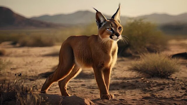 A majestic caracal stands regally in the arid landscape of Africa