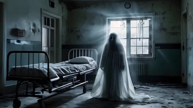 A transparent specter haunting a decrepit hospital room. Horror video animation