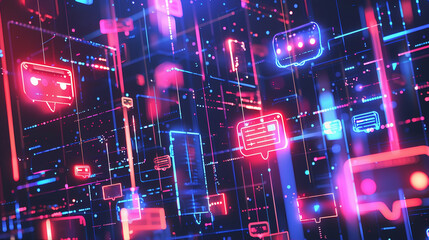Obraz premium Chatbot, chatting media, social networking, social media, digital technology, internet, information flow, ai digital technology, data mining and fragmentation, multilevel marketing, quantum technology