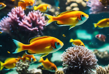 Fototapeta premium A group of exotic fish underwater near the corals