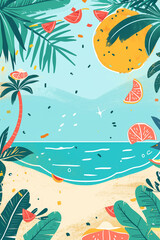Obraz premium A summery scene of a beach with palm trees, grapefruit, and ocean