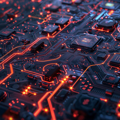 Close up shot of a circuit board with electrical connections light up in a red glow