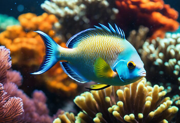 Obraz premium Close up with an exotic blue fish underwater