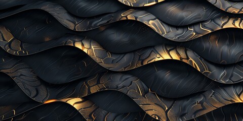 Obraz premium Abstract background with dragon scales and golden-black waves on dark backdrop, glossy texture, elegant and modern look.
