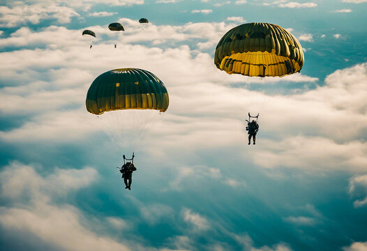 A group of parachutes in the air, paratroopers in the air
