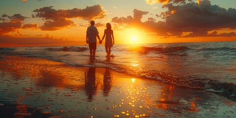 Elderly couple holding hands on beach for National Love Day, July 6th, sunset, serene moment, lasting romance