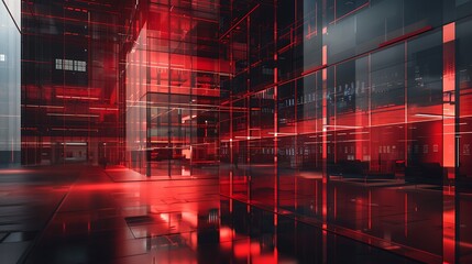 Corporate building with layered security protocols, intense red elements,