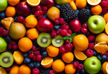 a top view with many types of fruit. Close up with a wall of fruit mix