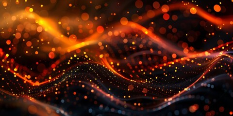 Obraz premium Abstract background with dragon scales and waves of glowing dots on dark, dynamic and bright design.