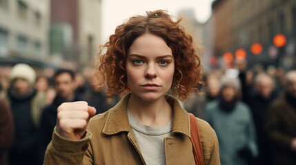 Fototapeta premium image of a young Caucasian woman with freckles raising her fist looking at camera at a feminist protest, her eyes full of hope