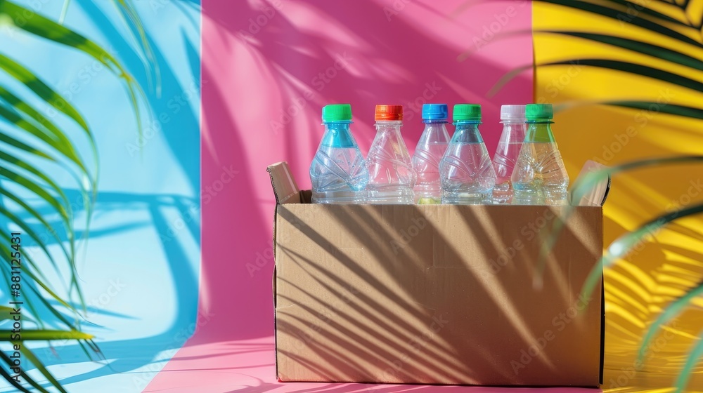 Canvas Prints Recycling issue illustrated with a cardboard box of recycled plastic bottles on colorful backdrop