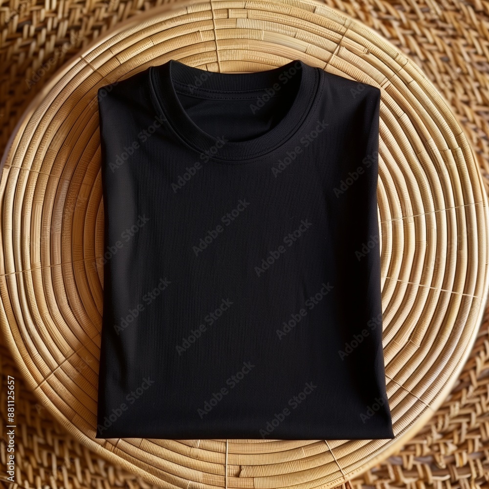 Poster a neatly folded black t-shirt placed on a textured wicker surface, creating a simple and elegant com