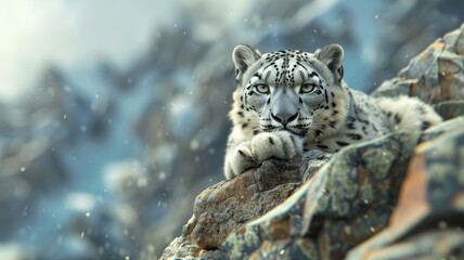 Majestic snow leopard resting on a rocky slope in a snowy mountain environment.