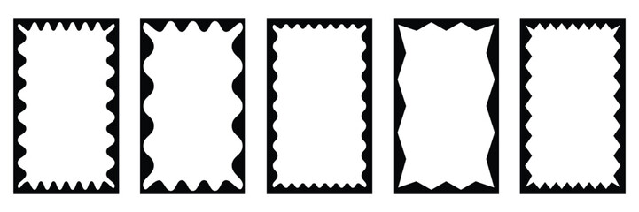 Set of squiggle stories frames collection. Psychedelic rectangles, photo frames, text boxes, tags, labels. Zigzag wavy groovy shapes. Vector Illustration.
