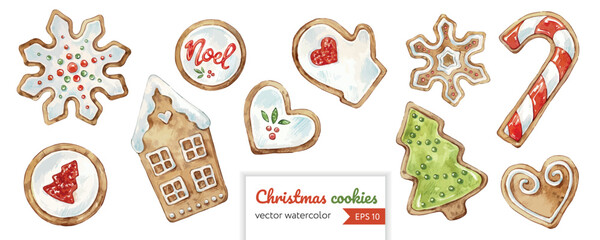 Set of christmas decorations. Collection of different gingerbread cookies. Watercolor illustration of hand painted christmas cookies: man, tree,stars, candy.