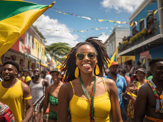 August 6th: Jamaica's Freedom! Jubilant crowds in dazzling costumes paint Kingston streets in celebration. generative AI