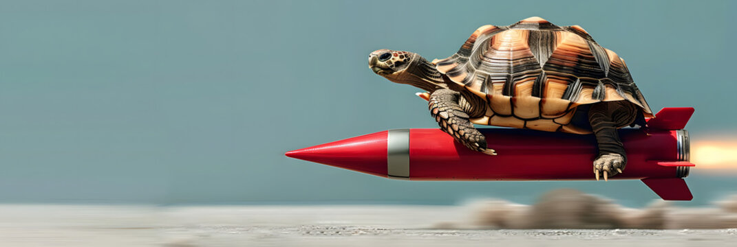 Tortoise riding rocket as speed up concept.&nbsp;