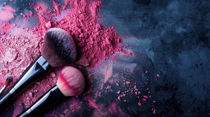 Makeup artist template with pink powder blush brushes and text space