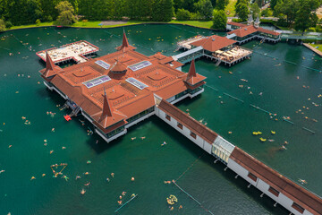 Aerial view about the thermal lake of Heviz, which is the largest biologically active natural...