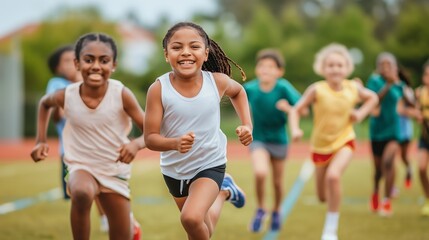 A group of enthusiastic children, diverse backgrounds, eagerly participate in a friendly race on a bright and sunny day, joy and excitement for physical activity and outdoor play on a sports field