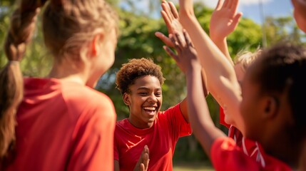 Happy young athletes of diverse backgrounds giving high-fives, celebrating their teamwork and shared achievements in vibrant red uniforms on a sunny outdoor field, positivity and camaraderie
