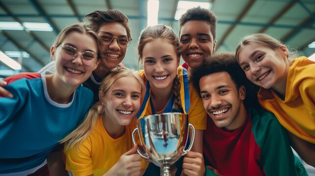Happy and excited young athletes of different ethnicities holding a championship trophy, showcasing their unity and team spirit after winning a sports competition in a brightly lit indoor arena