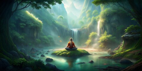 Yogi finds inner peace while meditating on a rock surrounded by waterfalls in a lush green forest, showcasing the harmony of nature and spirituality