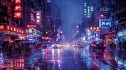 Neon-lit cityscape at night, rain-soaked streets