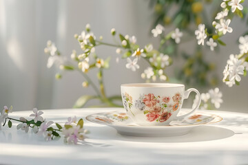 Porcelain tea set with chamomile flowers in the background
