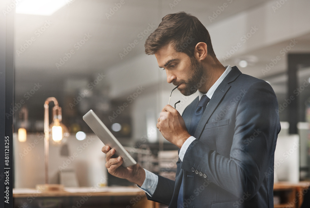 Poster business, man and thinking or reading with tablet in office for problem solving, brainstorming or in