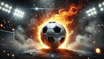 Fototapeta premium A soccer ball in a fiery explosion, surrounded by flames and sparks, set against a dark, smoky background.
