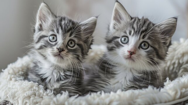 Two cute gray and white kittens in a sheepskin bed glancing quizzically towards the left with space for text
