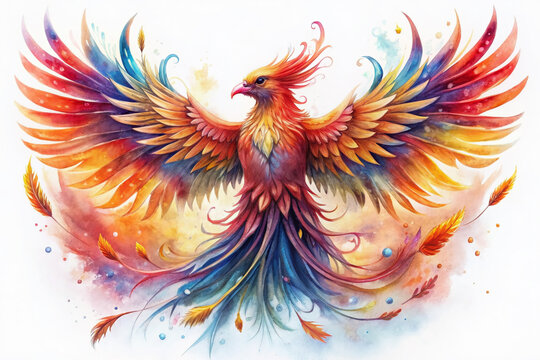 Vibrant watercolor phoenix bird spreads colorful wings on transparent background, revealing delicate feathers, bold brushstrokes, and stunning AI-generated details in soft, dreamy hues.