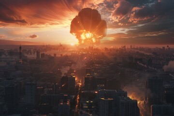 A city scene with a huge explosion of smoke filling the air