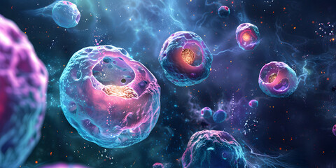 Visão microscópica de uma célula vibrante e pulsante