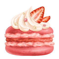 Berry macaroon with whipped cream and strawberries. French pastry dessert made of almond flour. A round cake with a bakery decor. A bun for a homemade tea party. Digital isolated illustration