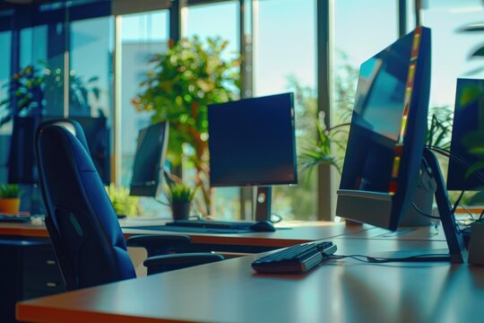 A modern office setup with two computer monitors and a keyboard for efficient work
