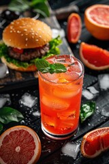 A plate with a hamburger, orange juice, and grapefruits