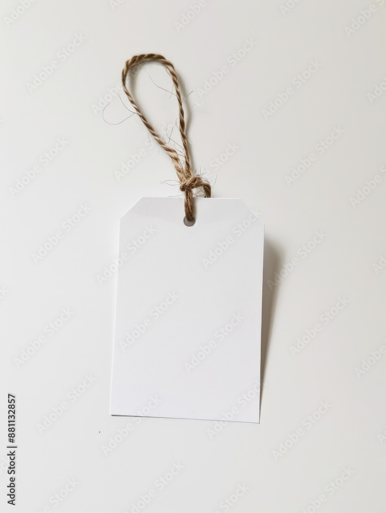 Poster a single white tag tied to a string on a white surface, simple and clean