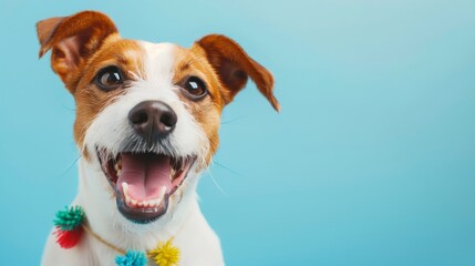 Fototapeta premium Cute funny jack russell terrier dog smiling on a light blue background with copy space pet portrait photography