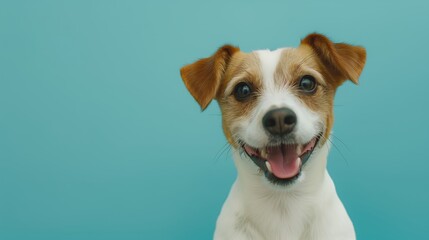 Cute funny jack russell terrier dog smiling on a light blue background with copy space pet portrait photography