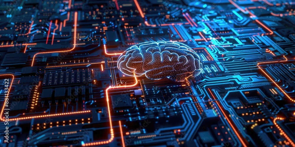 Poster a high-tech circuit board featuring a brain chip module, ideal for illustrations related to technolo