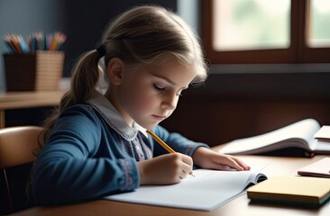 little girl sitting at her desk at home doing her homework