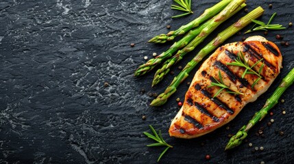 Grilled chicken breast and asparagus garnish on a dark background Overhead shot with space for text