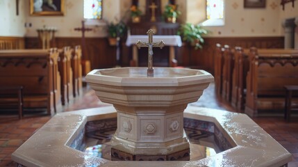 Traditional eight sided baptismal font with a crucifix symbolizes forgiveness through baptism